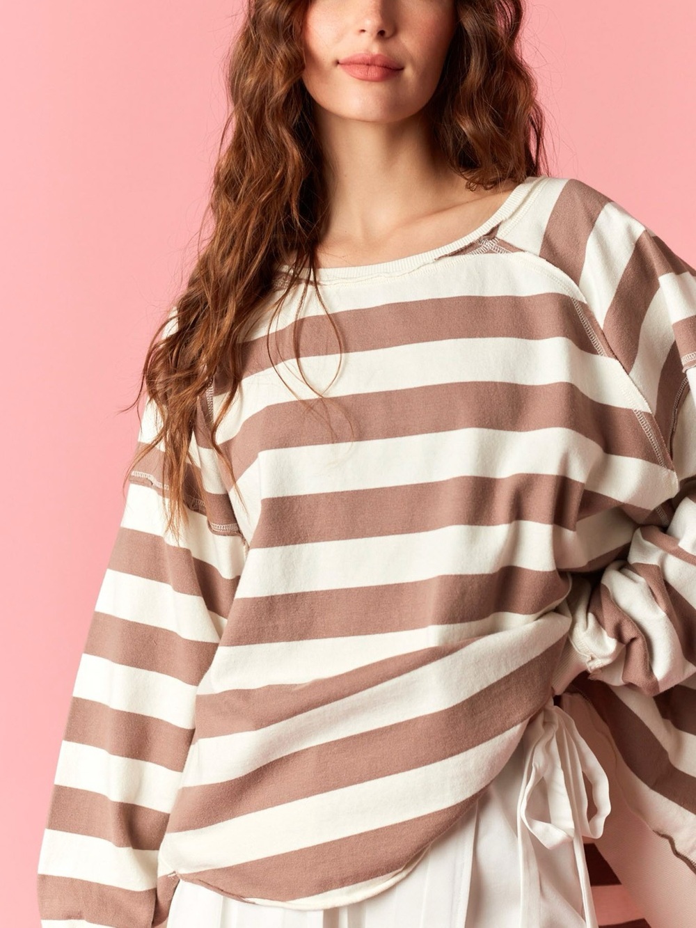 Boho Vibe Slouchy Oversized Bold Striped Mocha Brown and Off White Sweatshirt